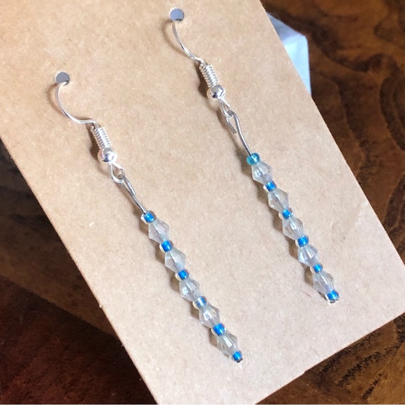 Hand Crafted Jewelry - Handcrafted clear bicone and blue beaded dangle earrings